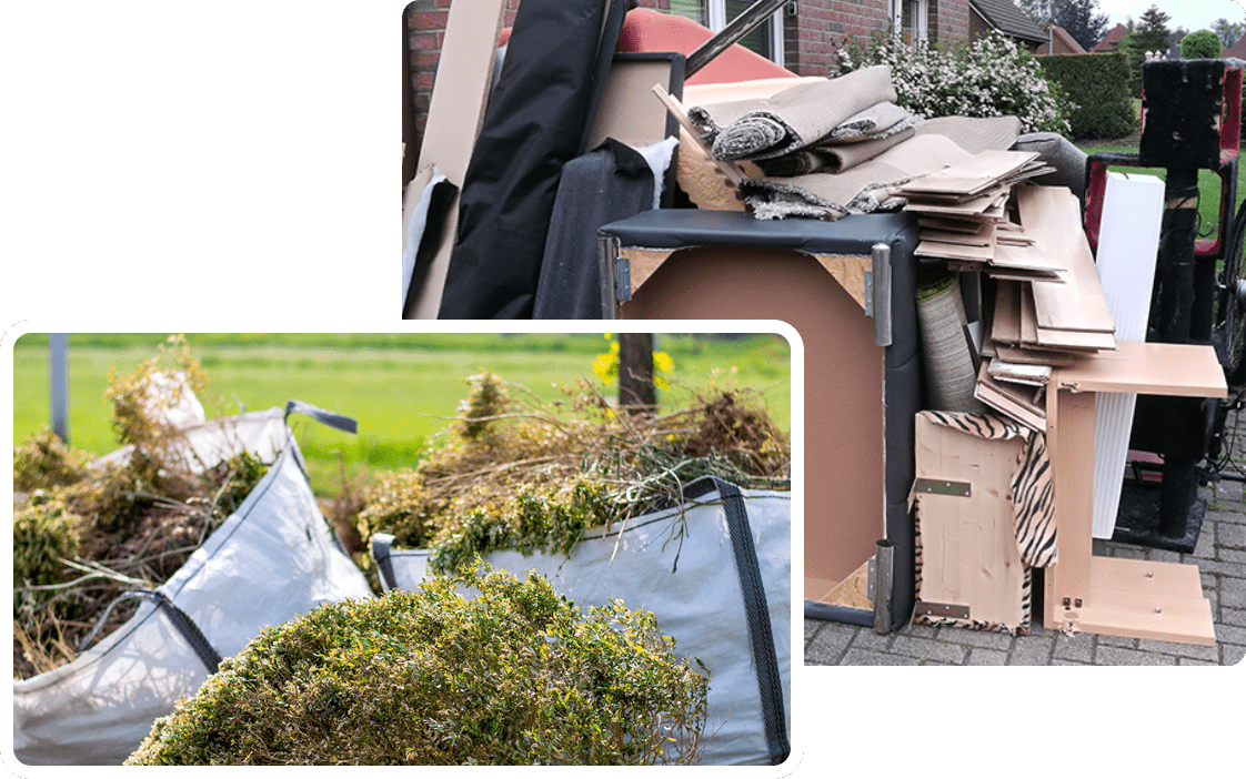 Close-up of ton bags with green waste and a pile of household rubbish