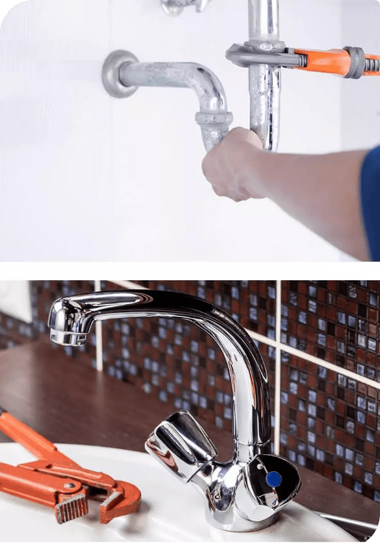 Collage of 2 pictures. The first one shows the hands of a plumber fixing a pipe and the second image shows a sink, tap and a bunch of tools.