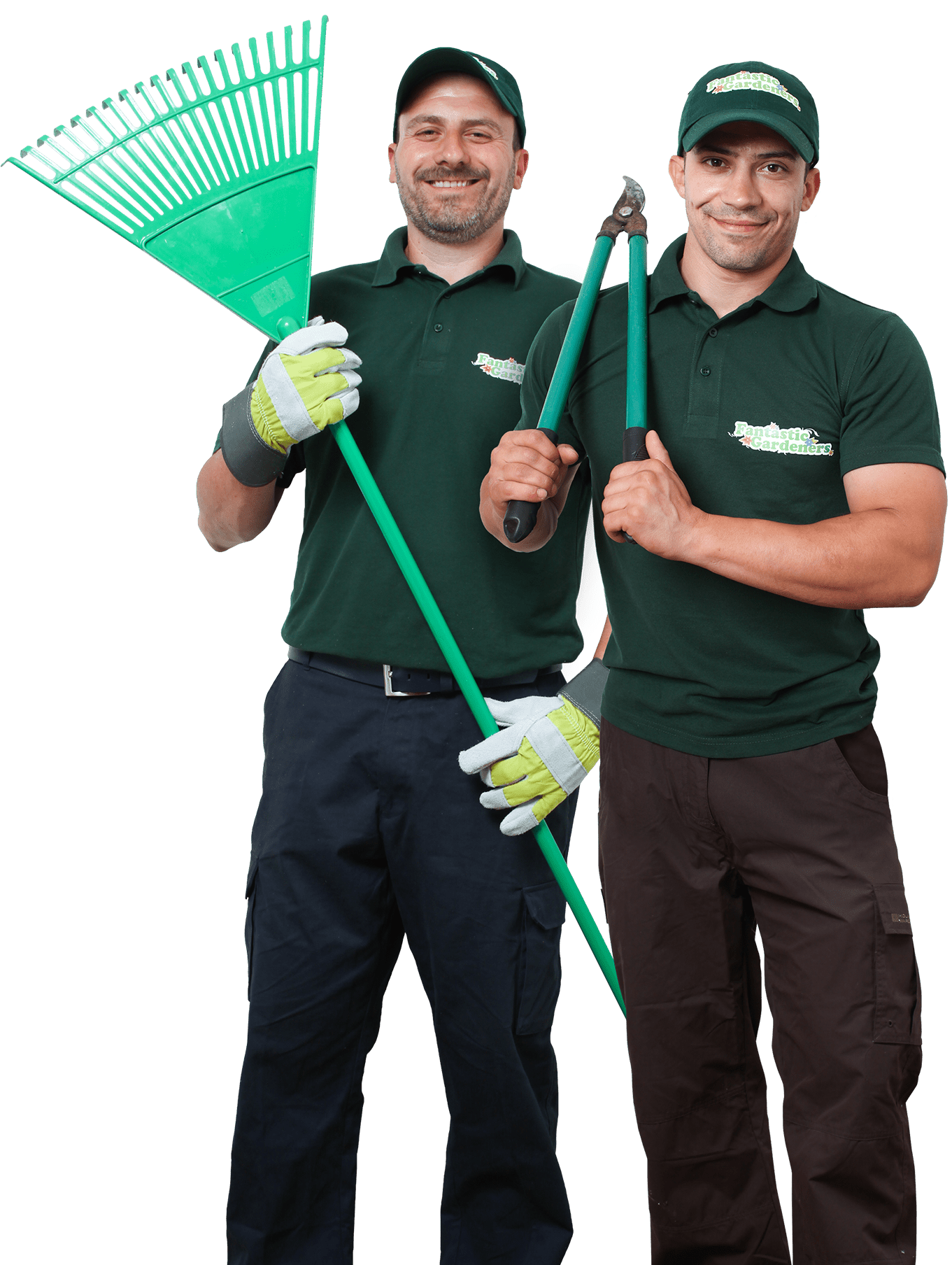 Two gardeners holding gardening equipment