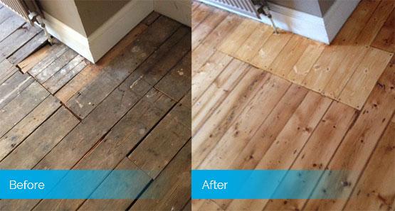 Before and after image of floor repair