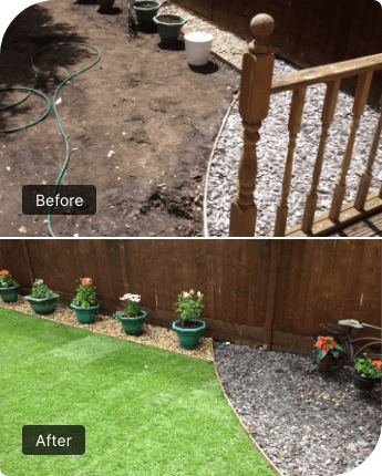 Picture of a garden before and after the installation of artificial grass.