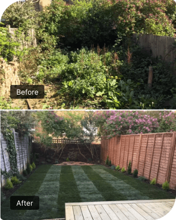 Picture showing a garden before and after turf laying service