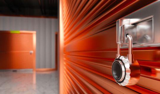 a storage unit door with a lock