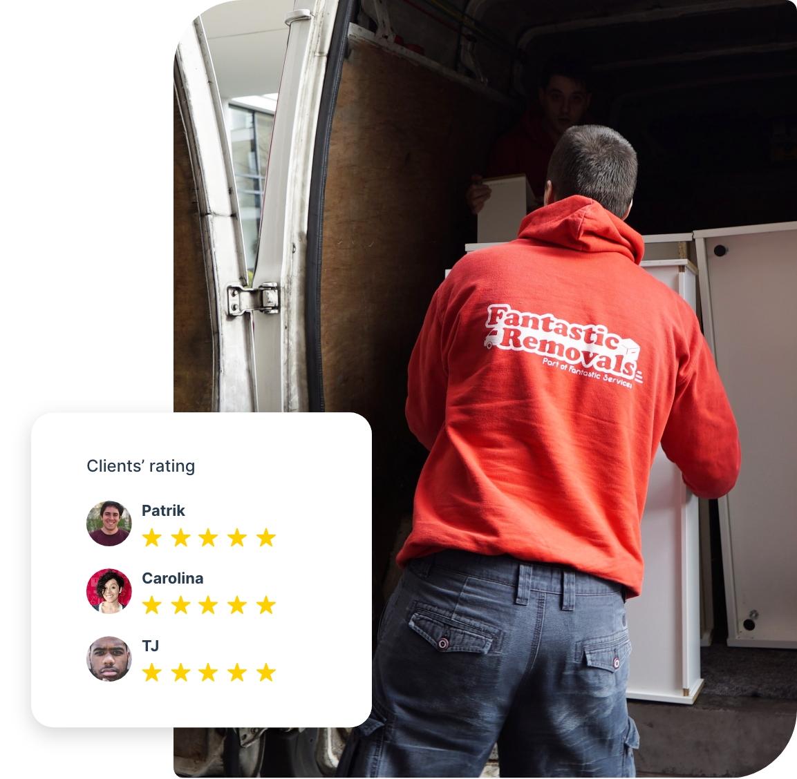 The image shows a Fantastic Services removals specialist who is placing a piece of furniture in a van.