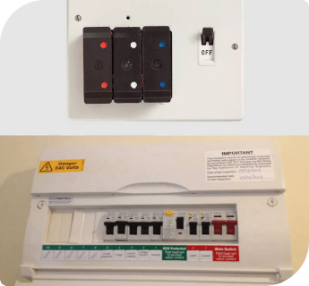 Black switches and a white fuse box