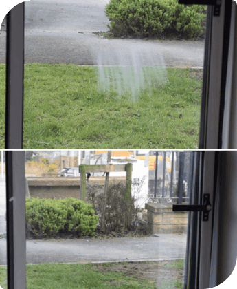 A collage of 2 pictures showing a garden glass door before and after a glass repair service