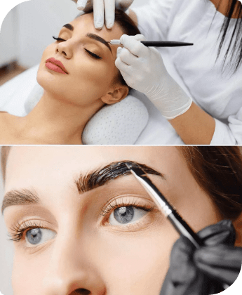 Collage of two pictures showing eyelash and brow beauty session