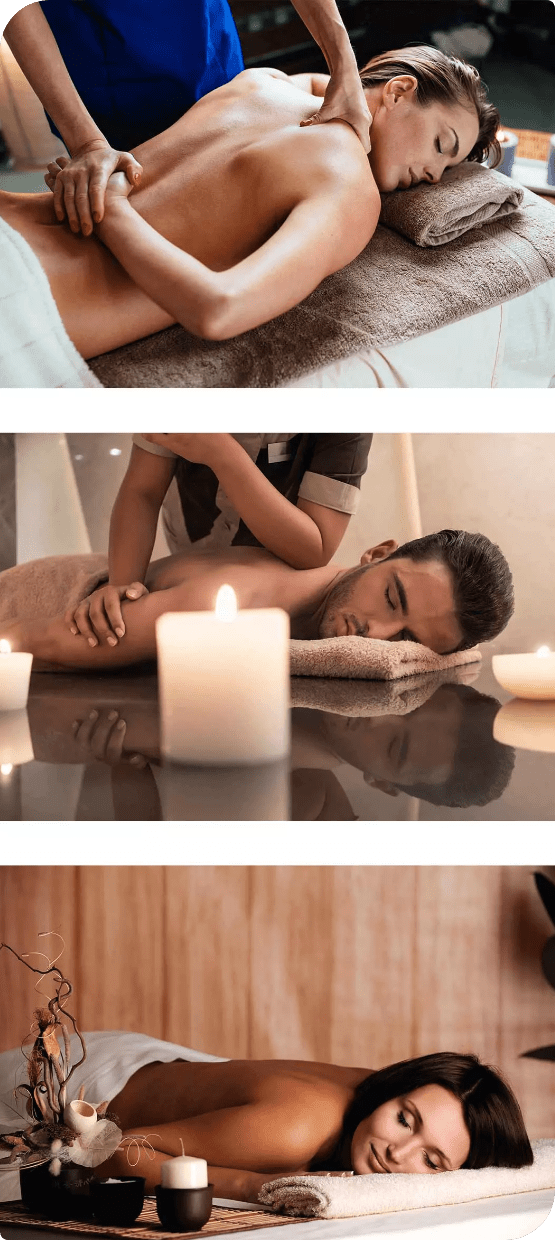 Collage of three picture showing massage session at home.