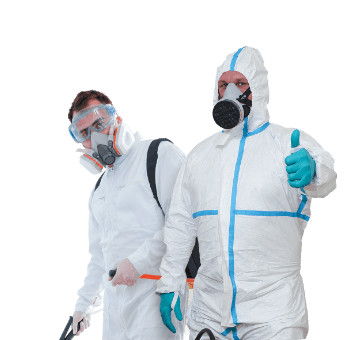 Two pest exterminators in white protective gear and masks