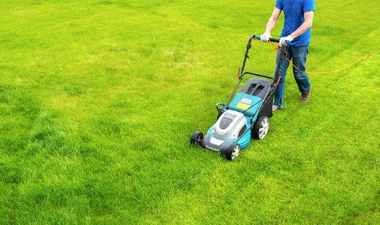 a big lawn being mowed by a man