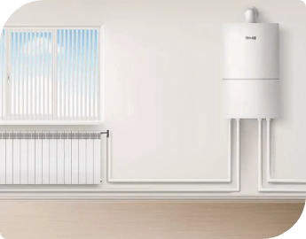 Photo showing a central heating system consisting of a boiler, pipes and radiators