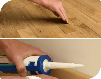 Collage of two pictures showing filling gaps in floorboards and hardwood parquets.