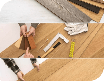 Collage of pictures showing the process of wood floor installation