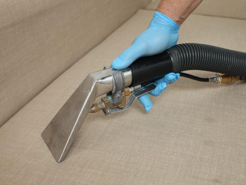 A professional cleaning an upholstered sofa