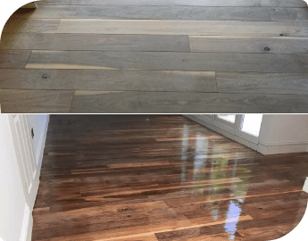 Collage showing wood flooring before and after floor refinishing service.