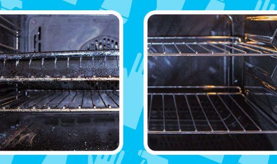 before and after image of oven racks cleaning