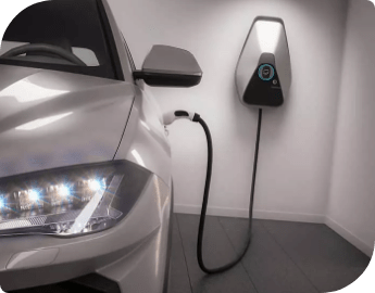 An electric car plugged into a wall-mounted charging station.