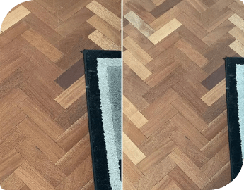 Collage of two pictures before and after hardwood floor scratch repair