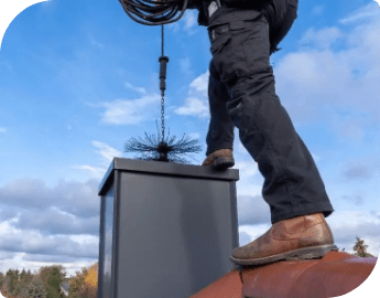 Professional cleaning a chimney with a chimney sweep brush.