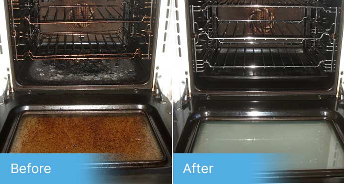 The image shows a Fantastic Services oven cleaning technician who is performing a special deep cleaning procedure on an oven. A segment of the image is a screenshot of a positive customer review that gives the service a 5-star rating.