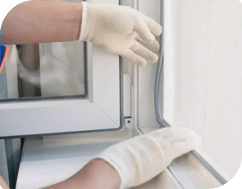 A window repair specialist is fixing a seal on a double-glazed window.