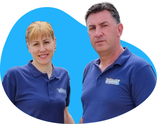 man and woman wearing blue T-shirts
