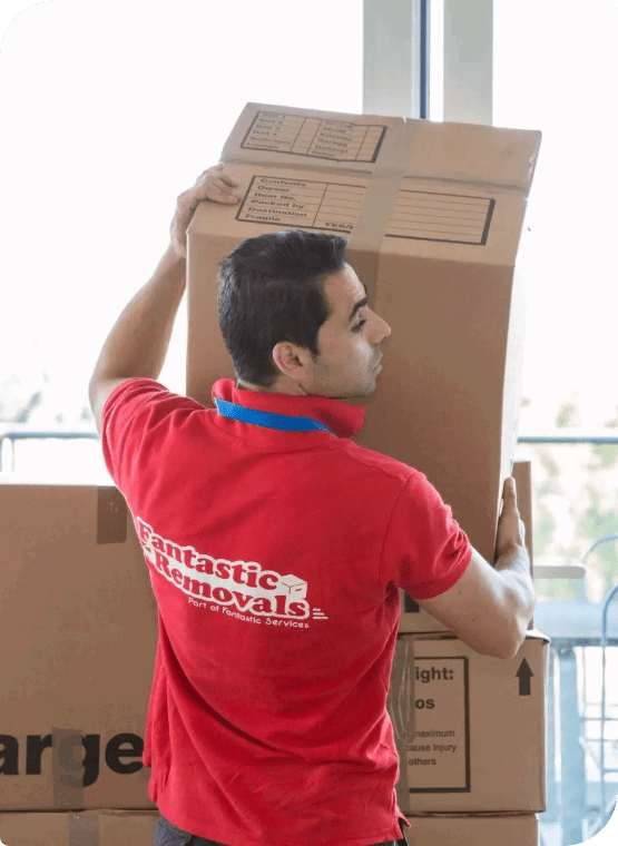 Movers moving boxes from students apartament
