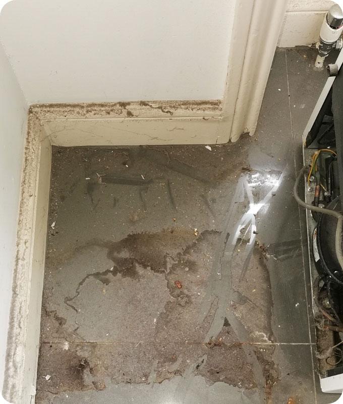 An image of a dirty corner of a room hidden behind a home appliance, covered in dust, cobwebs, and dirt accumulation. The corner appears neglected and overlooked, with visible dirt and debris piled up in the hard-to-reach area. Cobwebs cling to the walls and corners, and dust has accumulated on the floor and baseboards. The corner looks in need of thorough cleaning and attention.