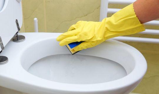 a cleaner's hand with a yellow glove and a sponge, working on a toilet bowl