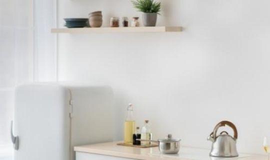 kitchen worktop with a refrigerator next to it and a shelf above it