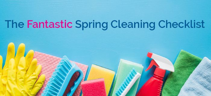 a custom made spring cleaning checklist image with cleaning supplies, a blue coloured background