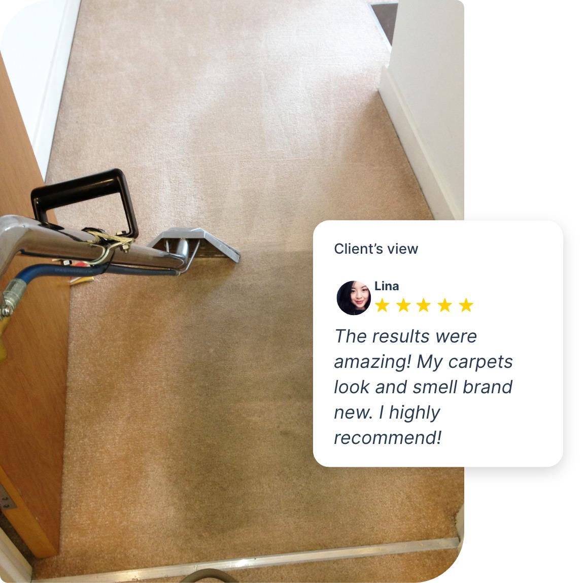 Showing the point of view of a carpet cleaning technician while he cleans a wall-to-wall carpet with a hot water extraction machine. The area of the carpet where the nozzle of the machine has passed is visibly brighter and cleaner, revealing an amazing before-and-after effect.