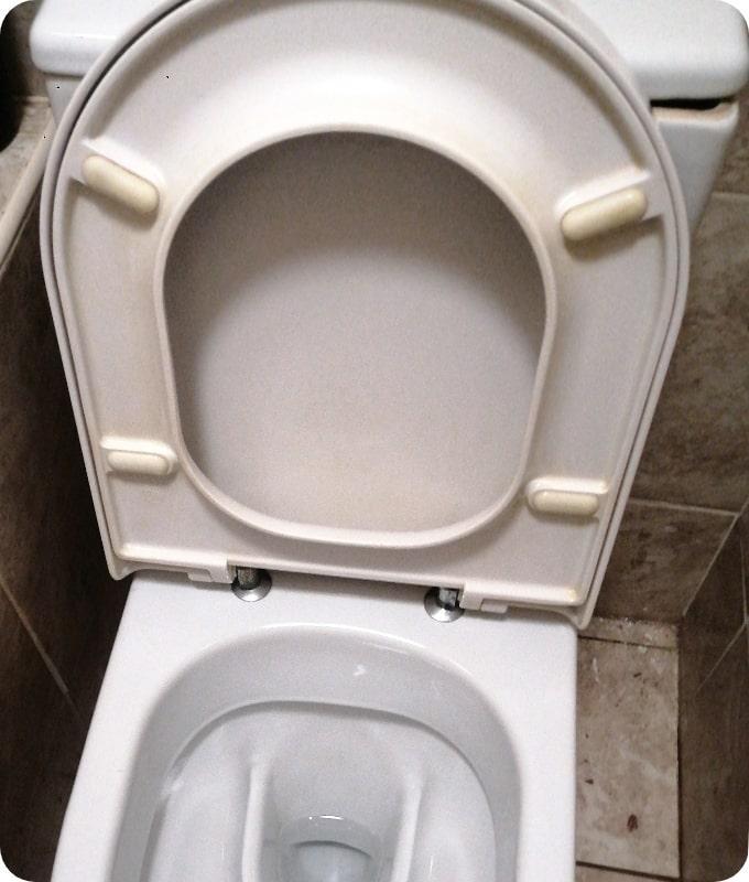 A close shot of the same white porcelain toilet with a lifter white toilet seat. The toilet has been cleaned, the seat has been wiped, and the stains have been removed.