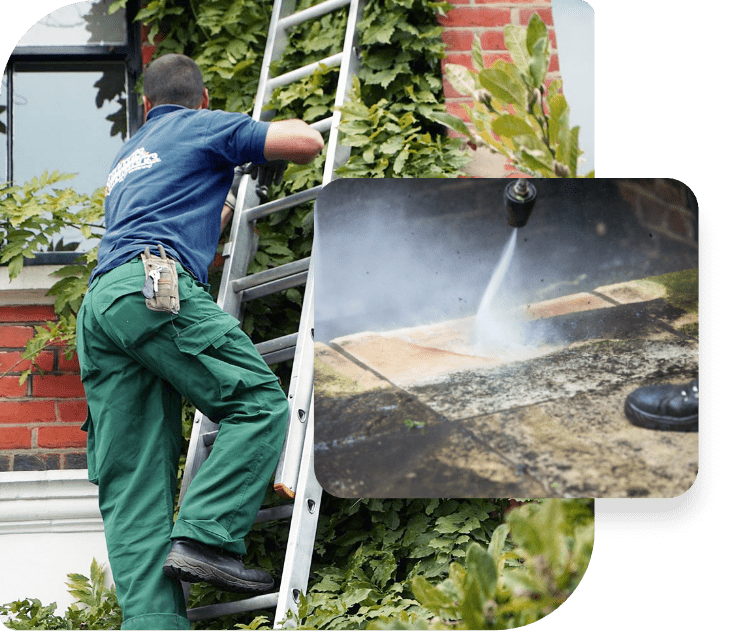 The image shows a gardener who is trimming an overgrown shrub. He is using a power tool with an extendable pole to remove the overgrown branches. The trimmings are collected in green waste bags.