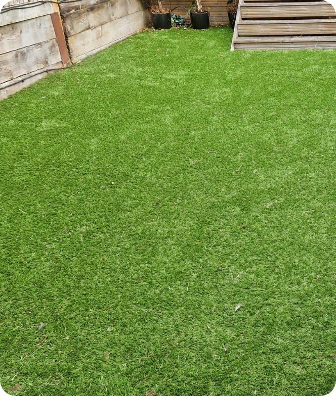 The image shows the same lawn around a house with a wooden fence. The weeds and twigs have been removing, giving the lawn a neat and inviting appearance.