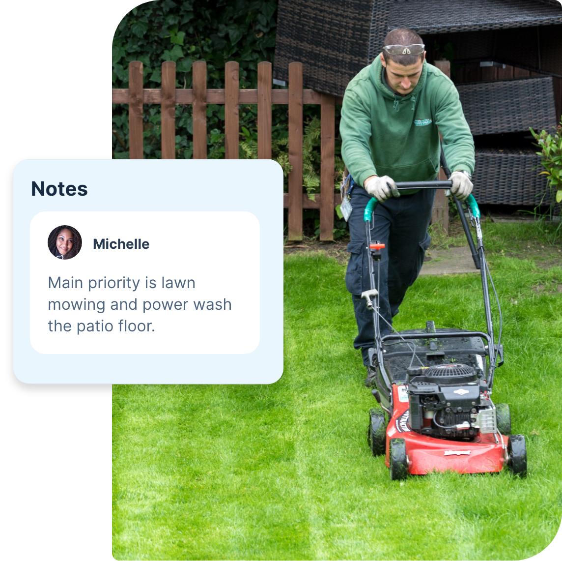 The image shows a professional gardener who is mowing a lawn with a red lawn mower.