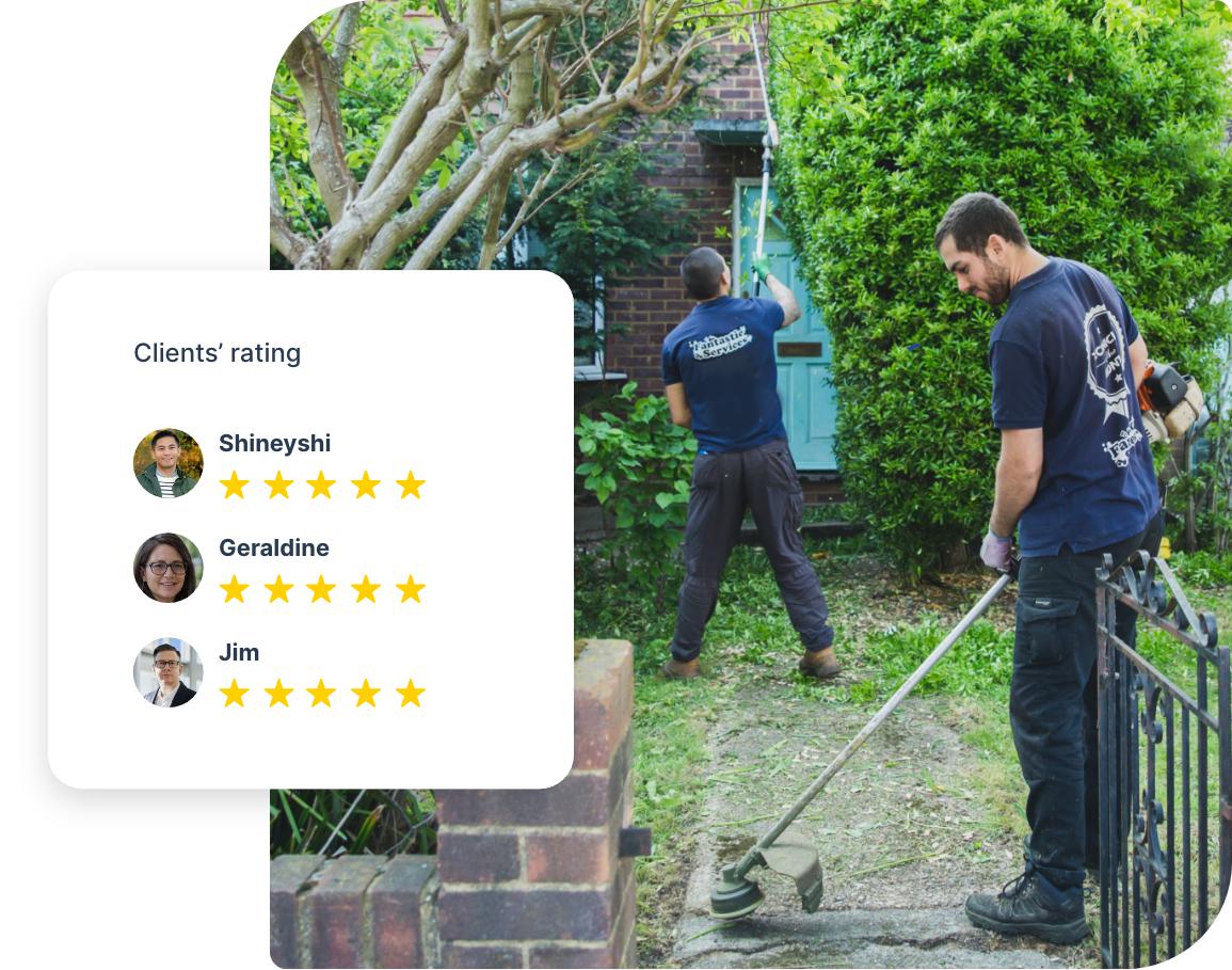The image shows a couple of gardeners who are working in the front yard of a house. One of them is removing weeds from a walkway, the other is trimming a shrub.