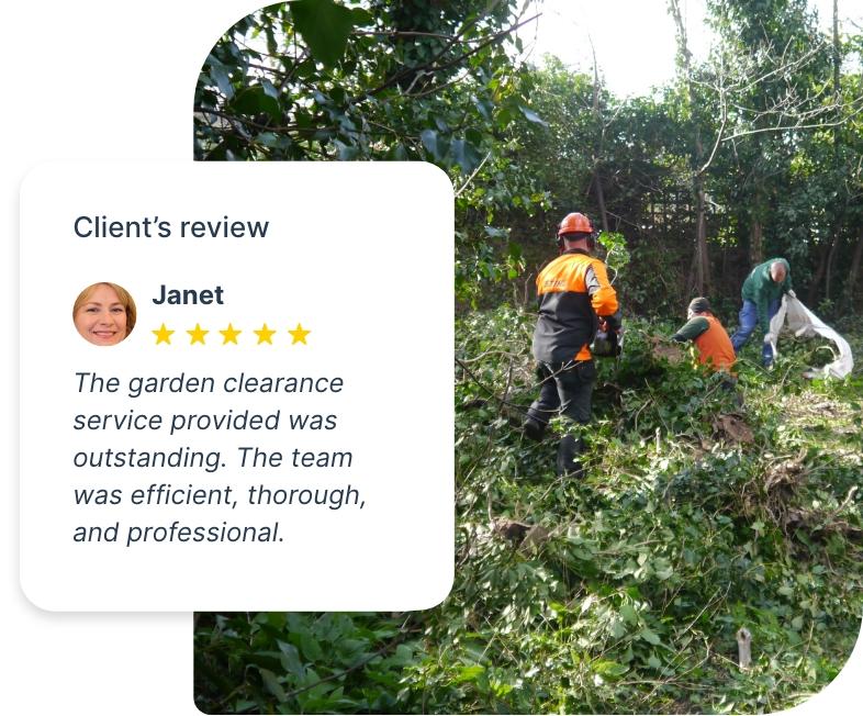 The image shows a highly neglected and overgrown garden. There 3 gardeners who are working on it, removing some of the green waste that has been trimmed.