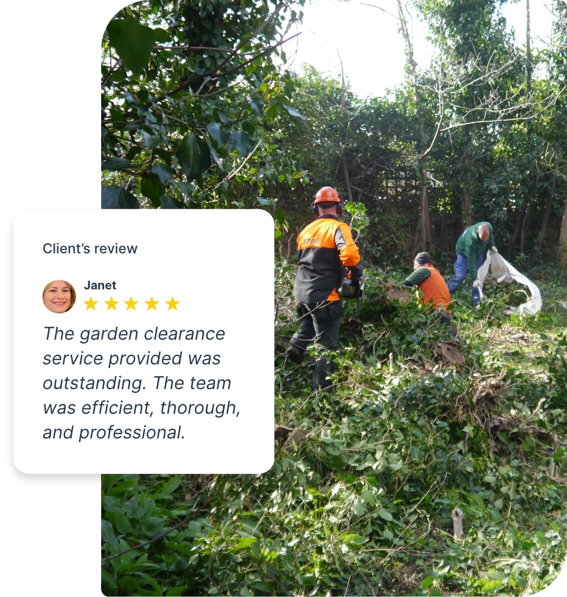 Gardeners working in overgrown garden The image shows a highly neglected and overgrown garden. There 3 gardeners who are working on it, removing some of the green waste that has been trimmed.
