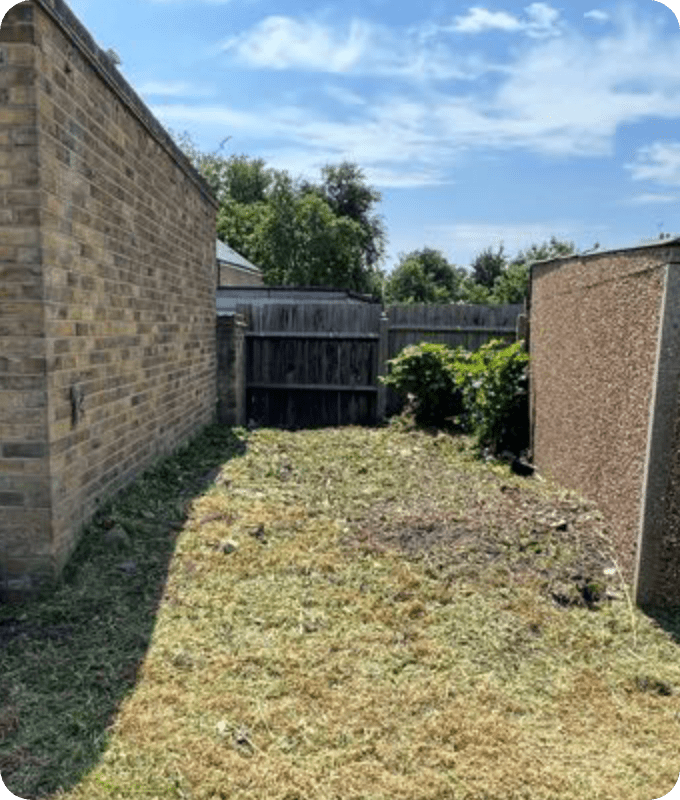 The identical backyard, now clean and tidy, with all overgrown shrubs and weeds removed.