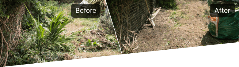 The image shows a before-and-after collage of photos of one corner of a garden. On the left side, the garden is overgrown. The right side photo is of the same corner but it has been cleared and it looks neat and maintained.