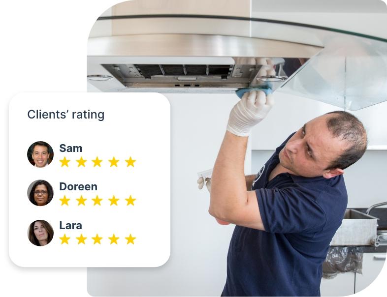 The image shows an oven cleaning technician who is cleaning a chrome range hood in a domestic kitchen. A segment of the image shows 5-star customer ratings.