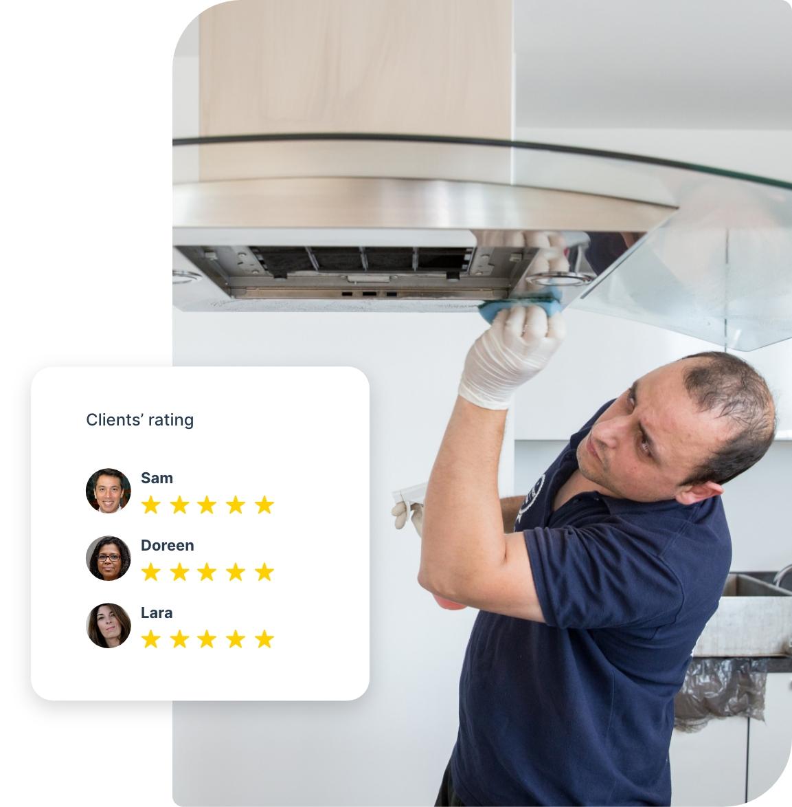 The image shows an oven cleaning technician who is cleaning a chrome range hood in a domestic kitchen. A segment of the image shows 5-star customer ratings.