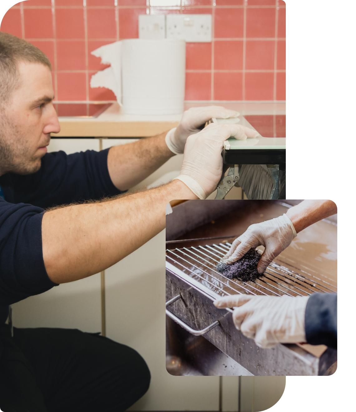 Technician performing deep oven cleaning The image shows photos of an oven cleaning technician who is cleaning the exterior of an oven. Another photo captures a close-up of an oven rack that is being scrubbed over a dip tank.