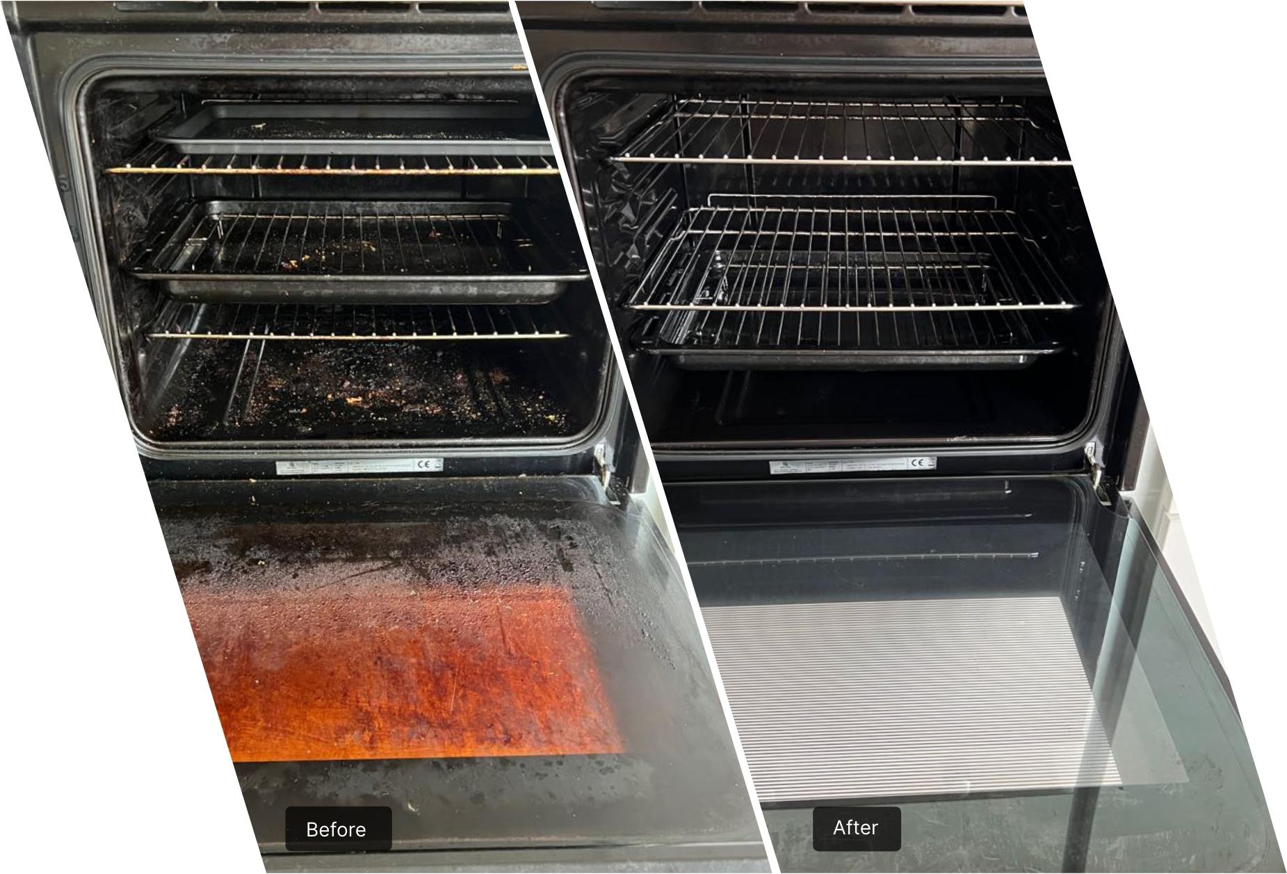 The image shows two front shots of the same oven. In the first one, the oven is shown to be quite dirty. It is heavily caked with greasy splatters and crusty chunks of food. On the second, after deep cleaning, the oven appears perfectly clean and shiny.