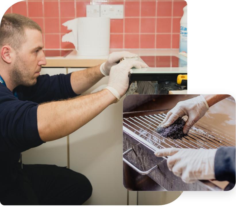 The image shows photos of an oven cleaning technician who is cleaning the exterior of an oven. Another photo captures a close-up of an oven rack that is being scrubbed over a dip tank.