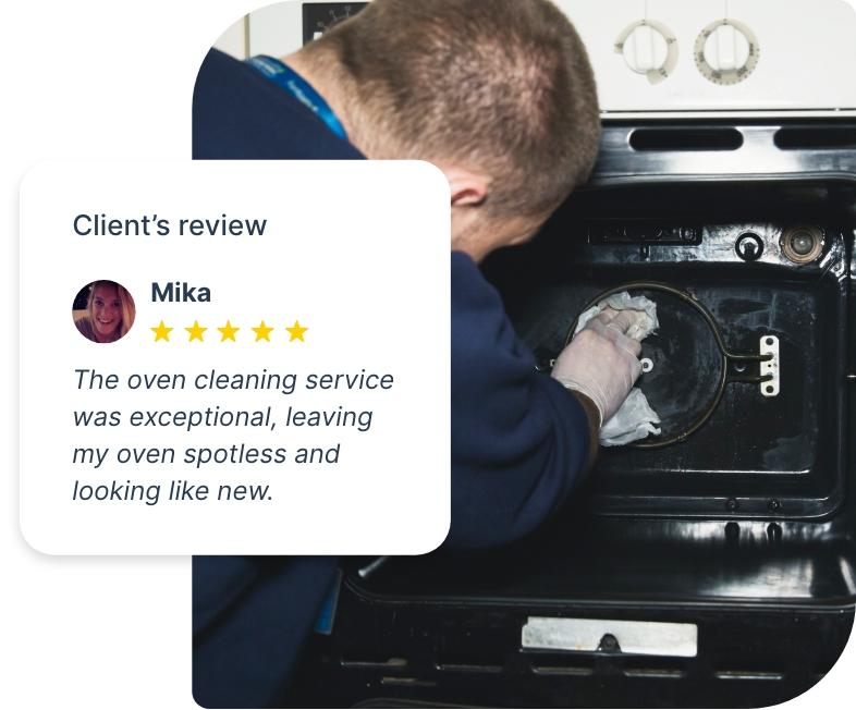 The image shows a Fantastic Services oven cleaning technician who is performing a special deep cleaning procedure on an oven. A segment of the image is a screenshot of a positive customer review that gives the service a 5-star rating.