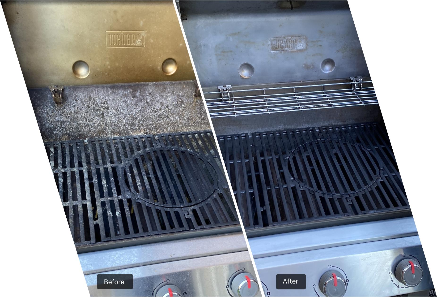 The image shows a side-by-side comparison of two photos showcasing a grill before and after professional cleaning.