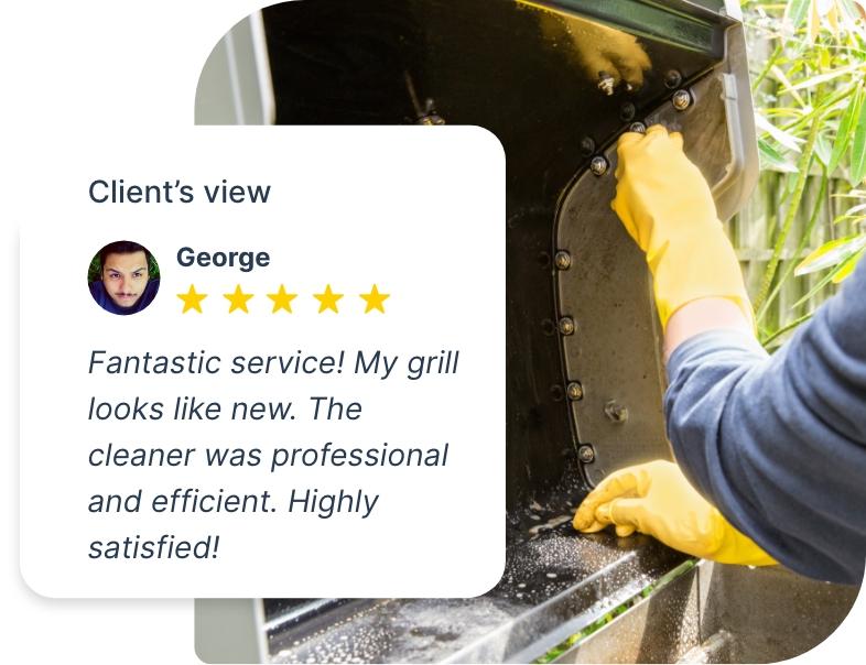 The image shows a close up a grill that is being scrubbed by a Fantastic Services cleaner who is wearing yellow latex gloves.