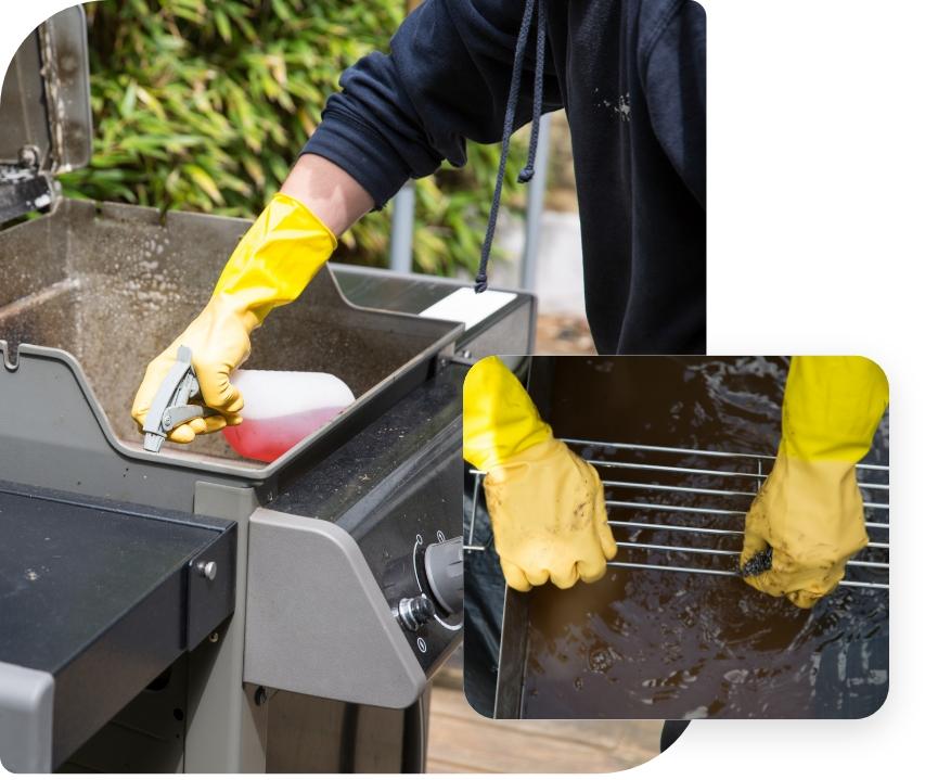 A collage of various photos showcasing details of barbeque cleaning.